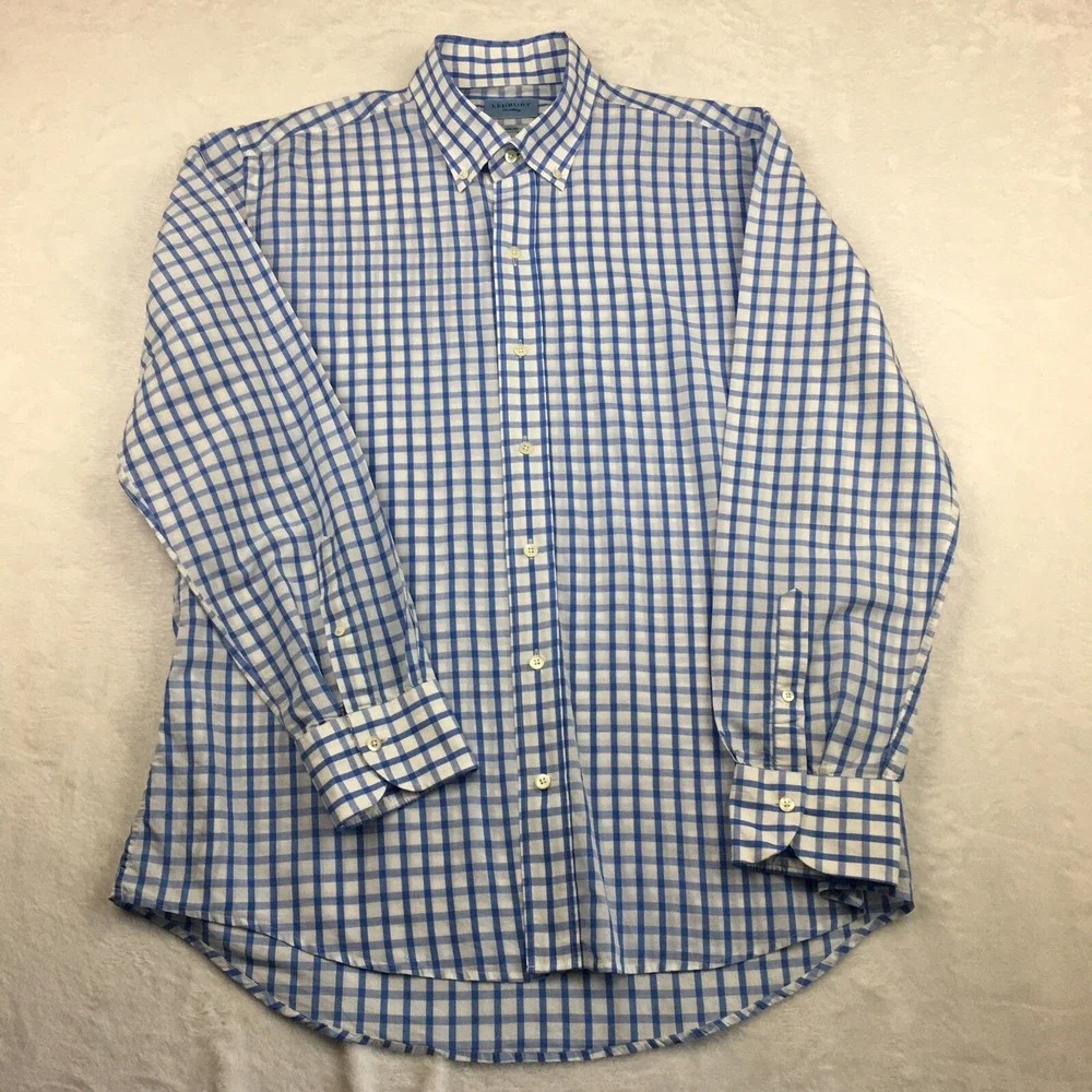 Ledbury Shirt Mens 17.5 Blue/White Checks Slim Fit Cotton/Linen Blend